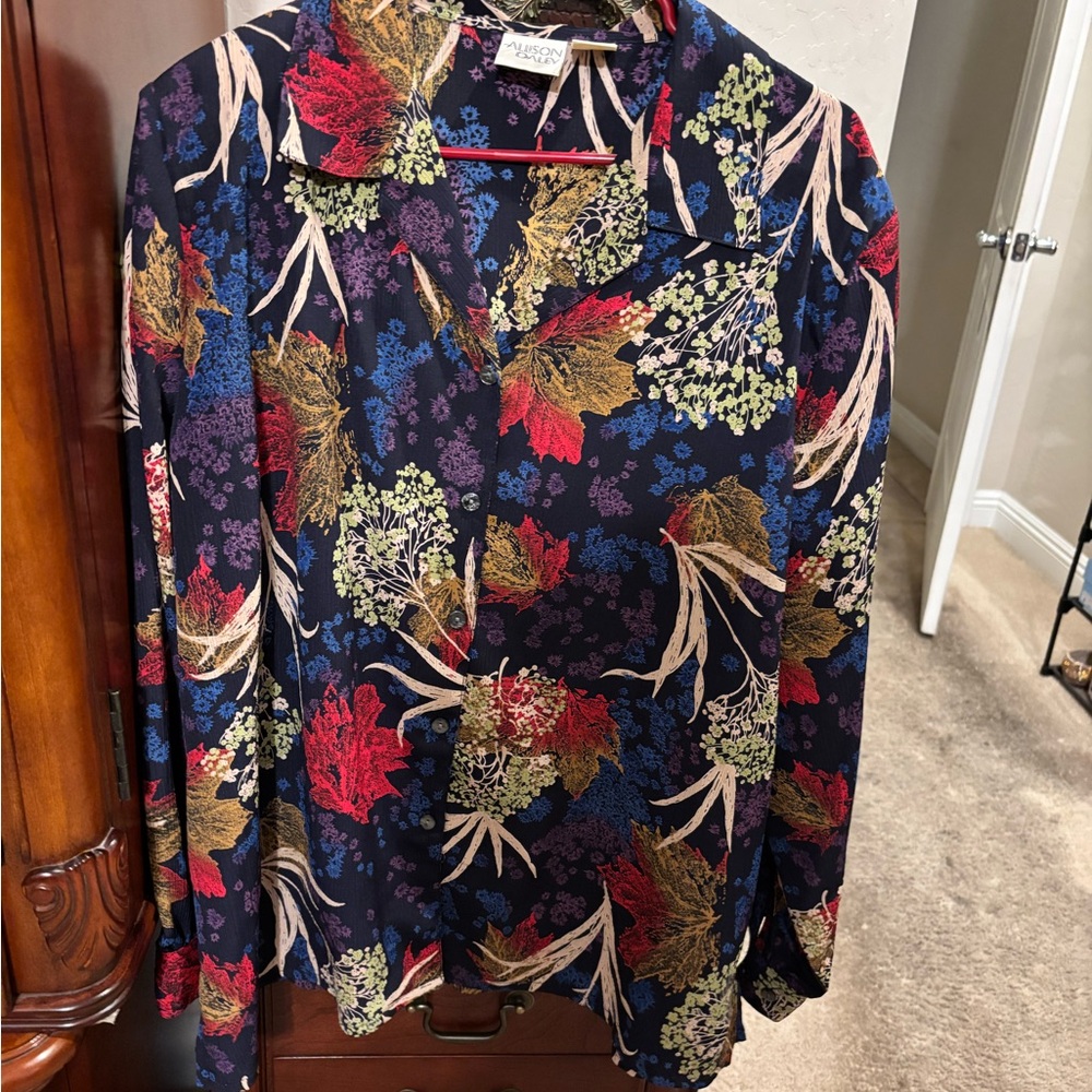 Allison Daley Navy Floral Button-Down Shirt with Red, Gold & Blue Accents